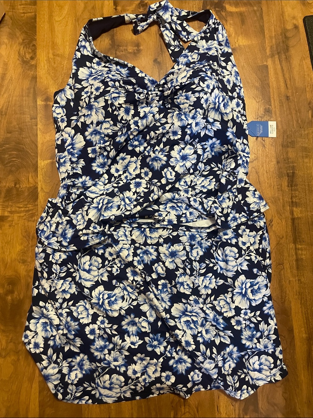 Navy & White Floral Halter Two Piece Swim Dress